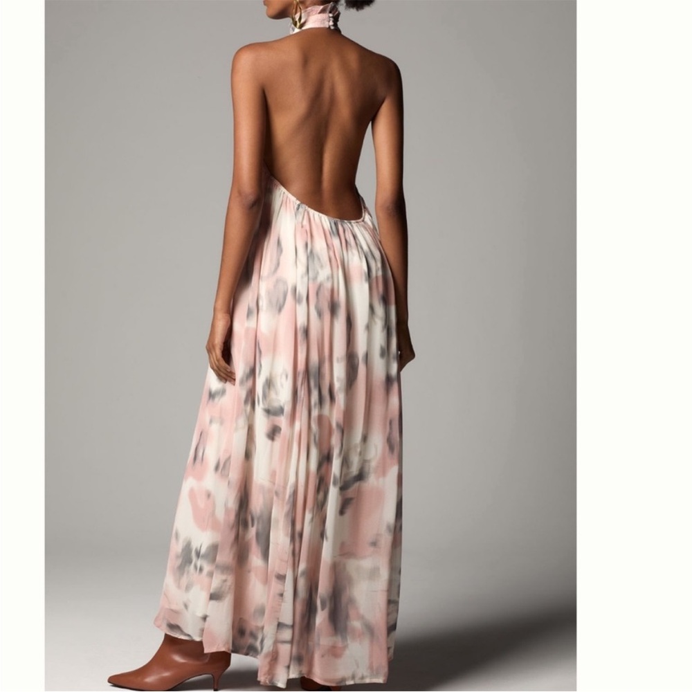 Anthropologie Blush and Gray Watercolor Halter Maxi Dress - Picture 3 of 16